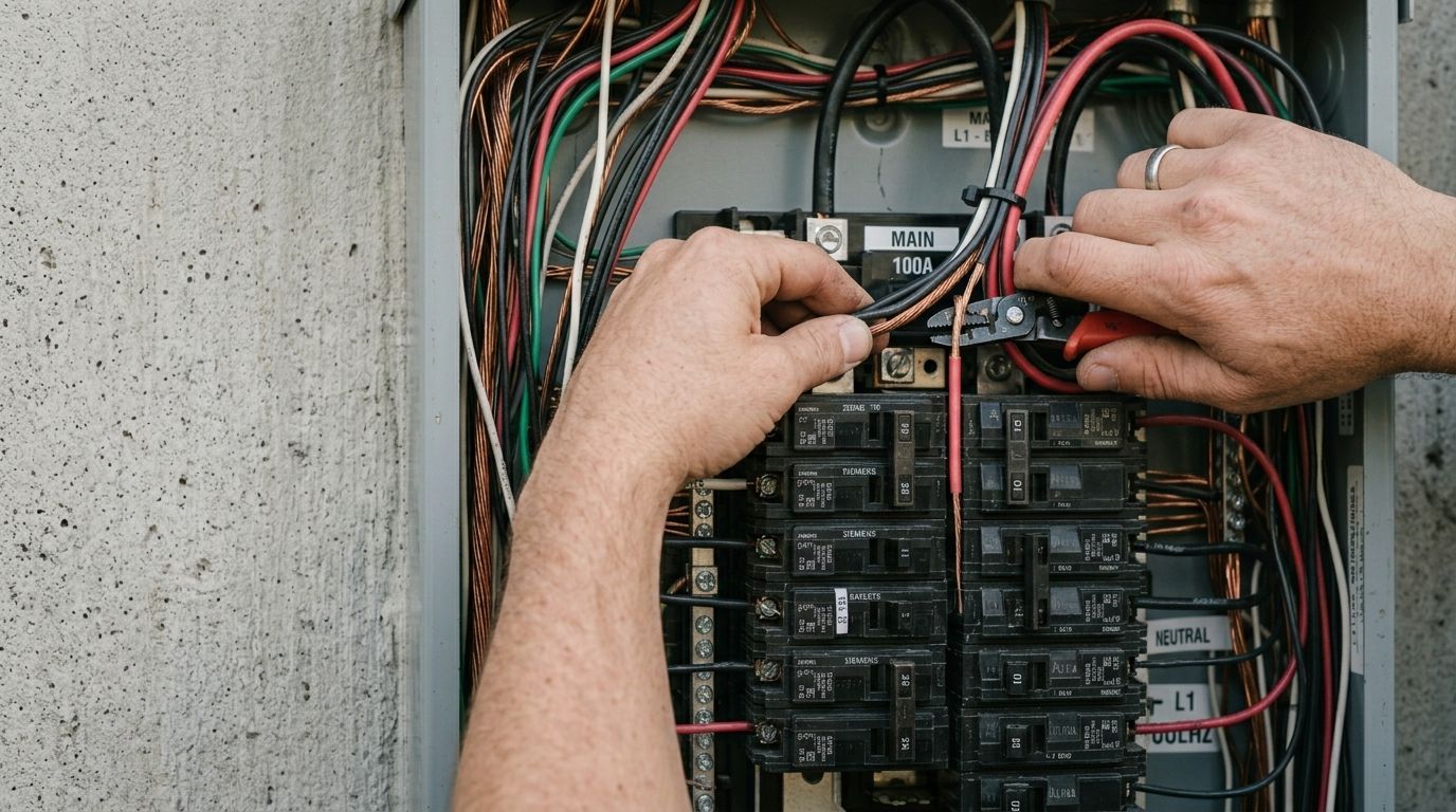 Hands wiring a circuit breaker panel with multicolored electrical cables