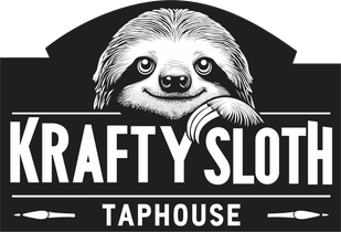Black-and-white Krafty Sloth Taphouse logo with a smiling sloth and bold text