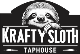 Black-and-white Krafty Sloth Taphouse logo with a smiling sloth and bold text