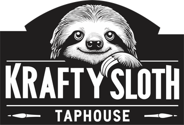 Black-and-white Krafty Sloth Taphouse logo with a smiling sloth and bold text