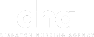 A white logo for the dispatch nursing agency on a white background.