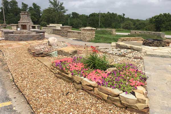 Raised rock flower garden display at Randy's Lakeview Nursery & Stone
