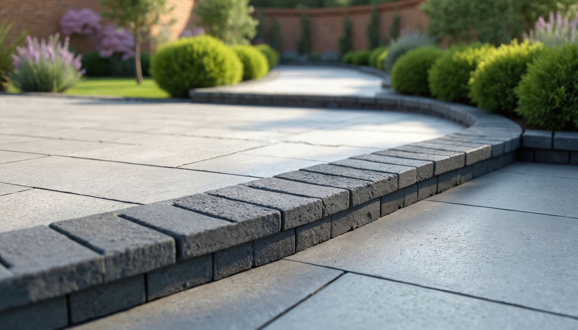 Gray brick retaining wall curving along a gray stone patio with green shrubbery in the background.