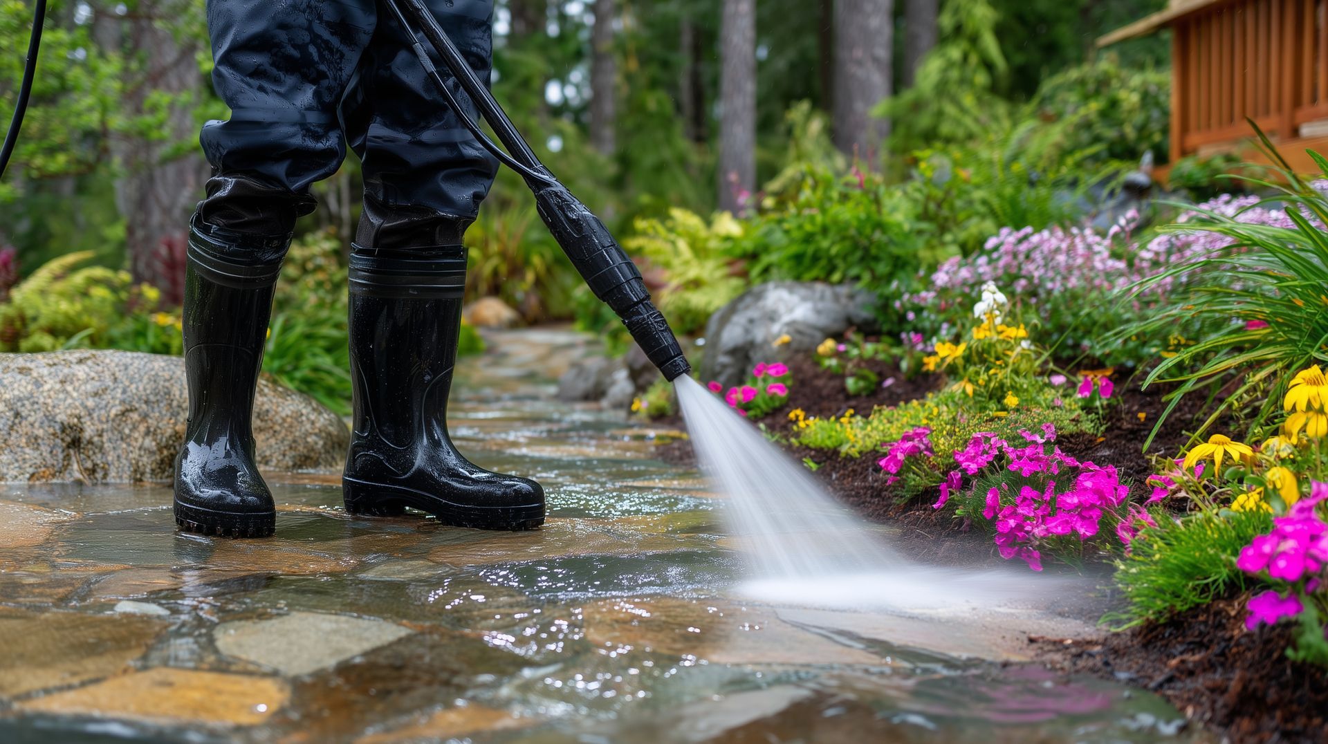 Person pressure washing a stone walkway, surrounded by colorful flowers and greenery.