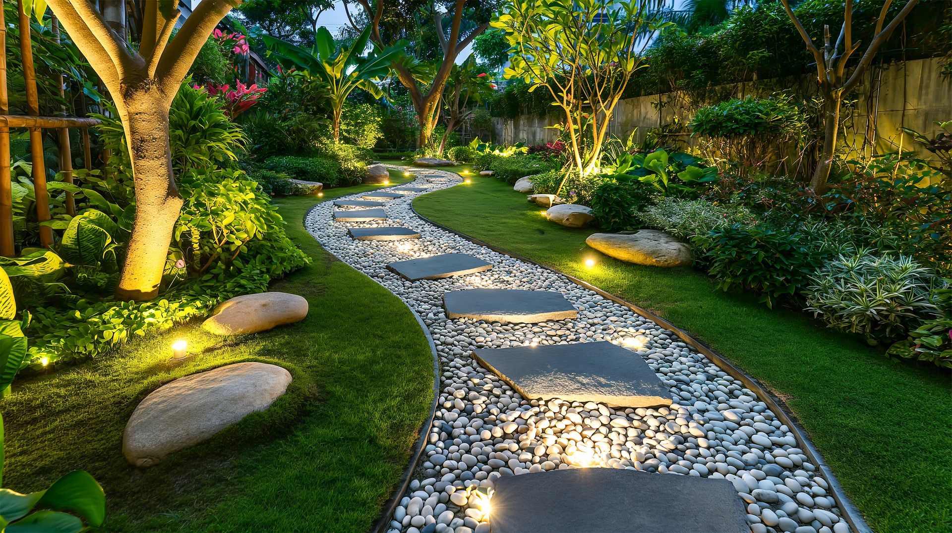 Stone pathway winding through a lush green garden, illuminated by warm lights.