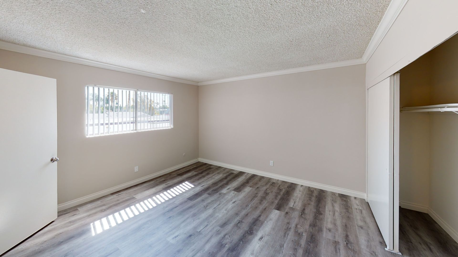 Empty bedroom with gray wood-look flooring, beige walls, and a closet. A window lets in sunlight.