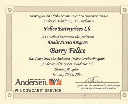 A certificate that says barry felice has completed the anderson dealer service program