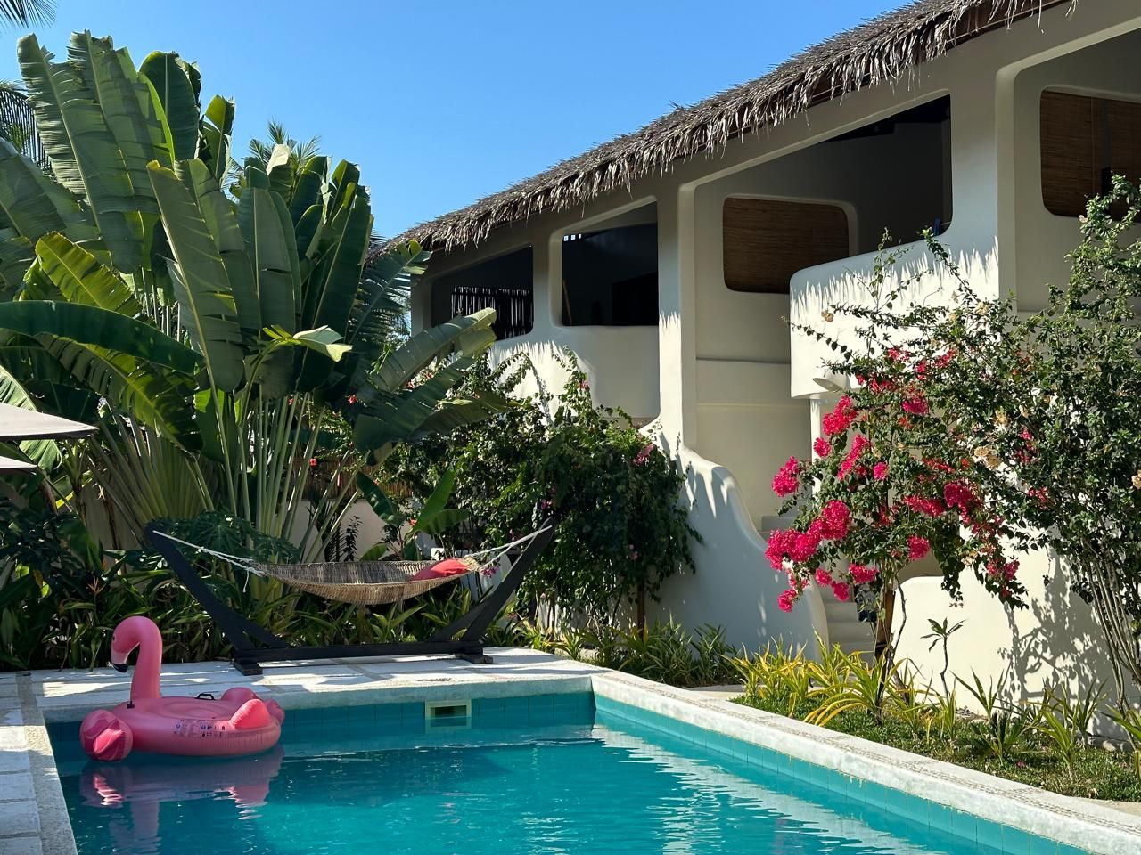 A swimming pool with a pink flamingo float in it