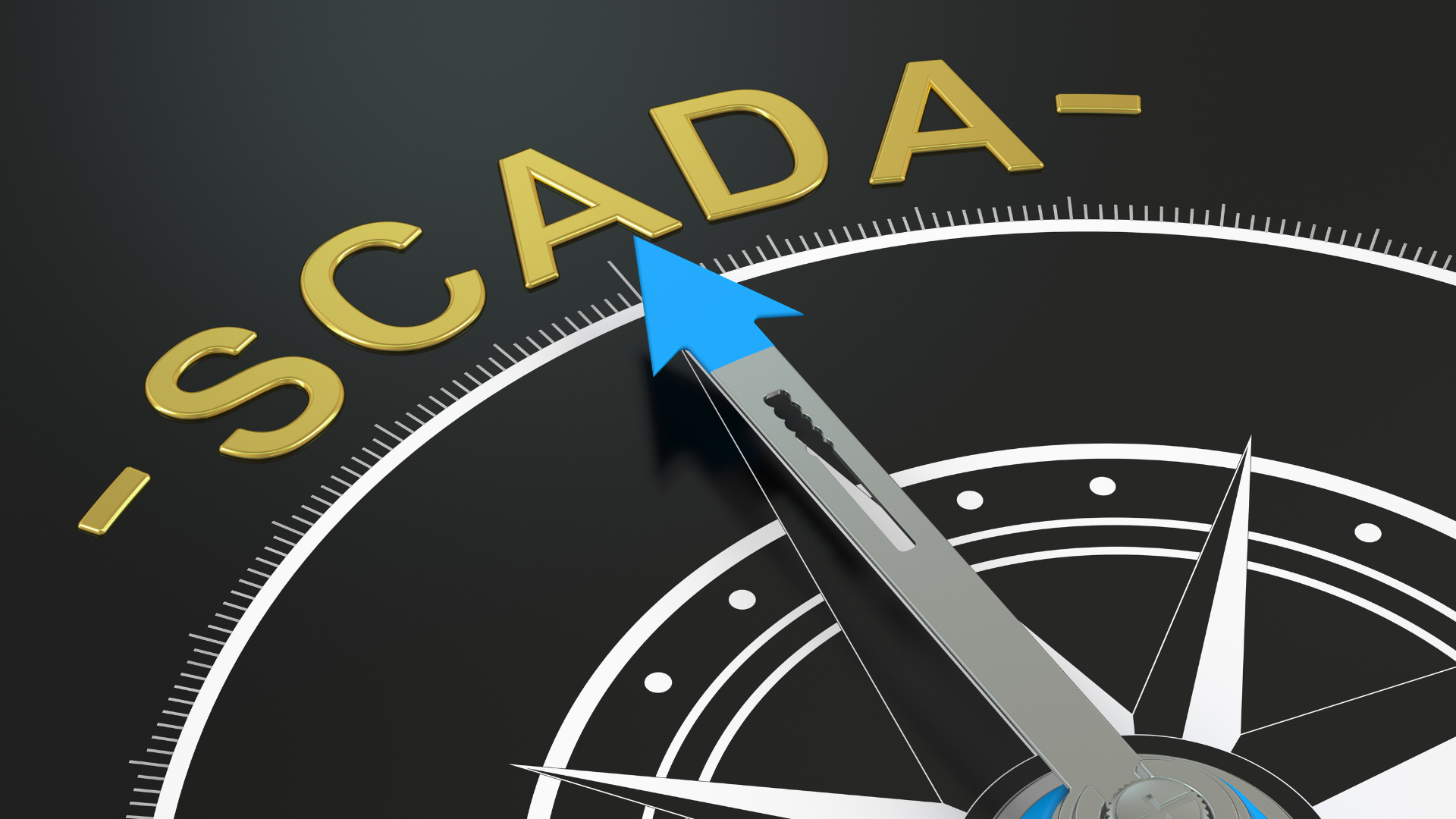 A compass with a blue arrow pointing to the word scada