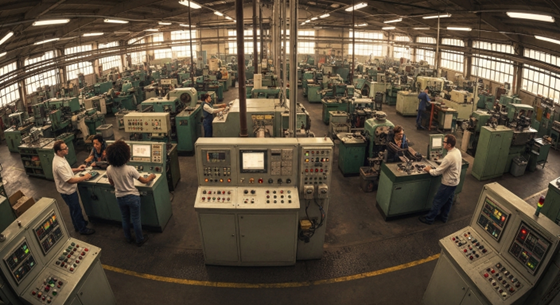 Factory floor with many machines and workers in an industrial setting.