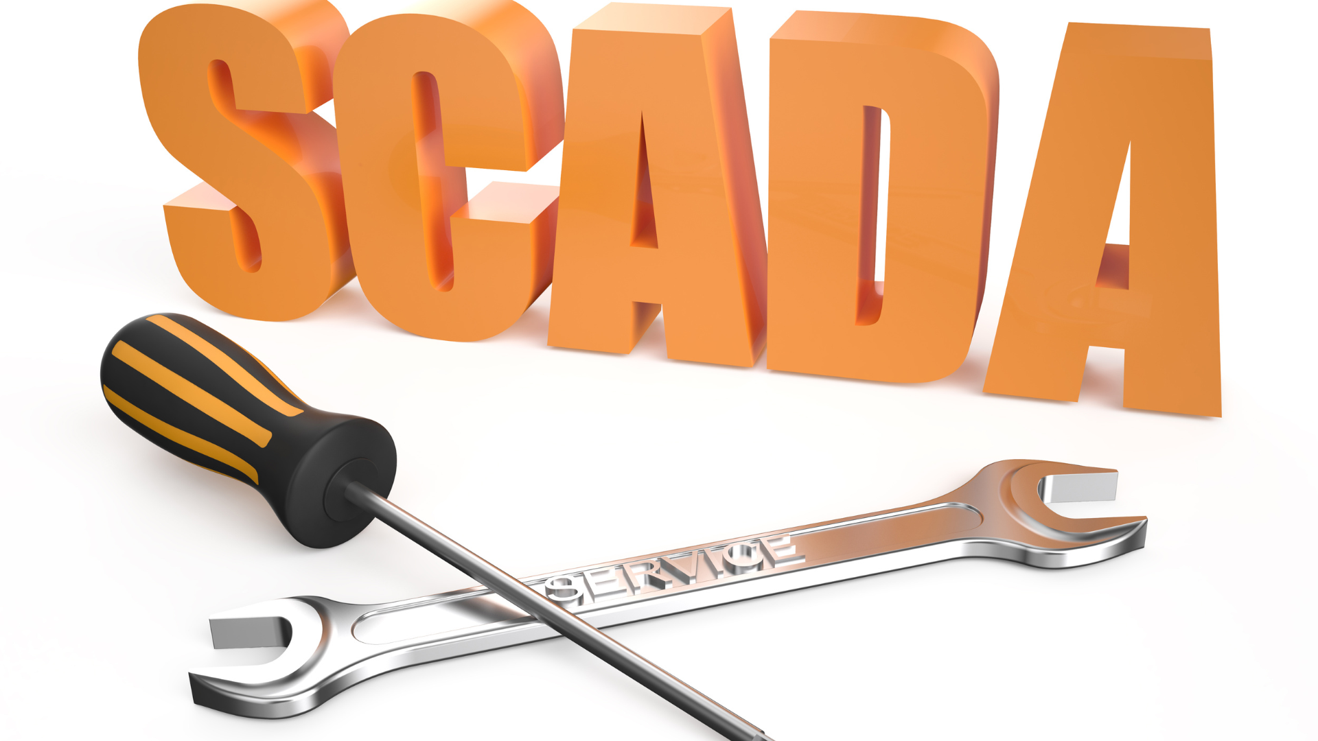 A screwdriver and a wrench are in front of the word scada