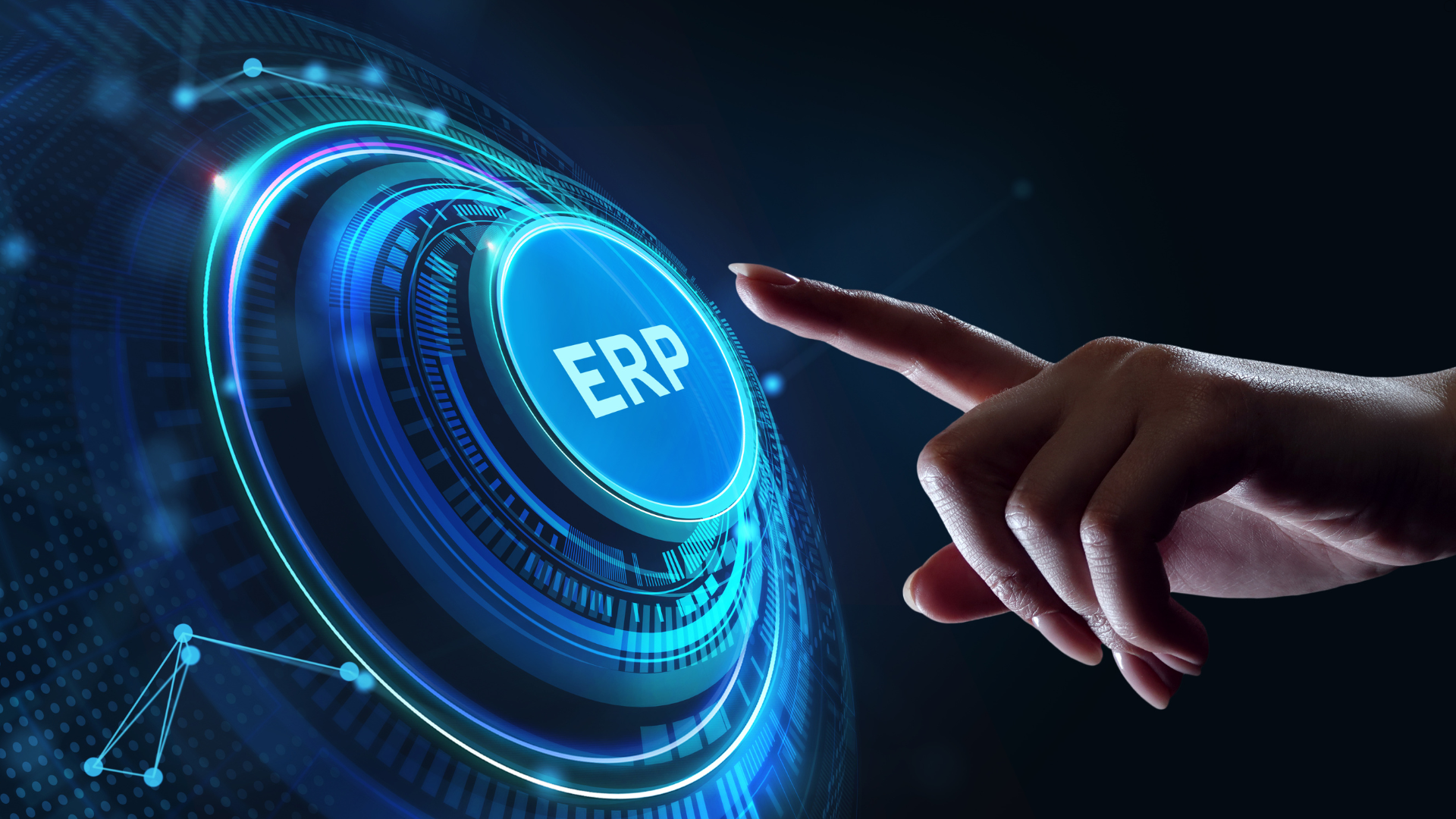 A person is pointing at a button that says erp.