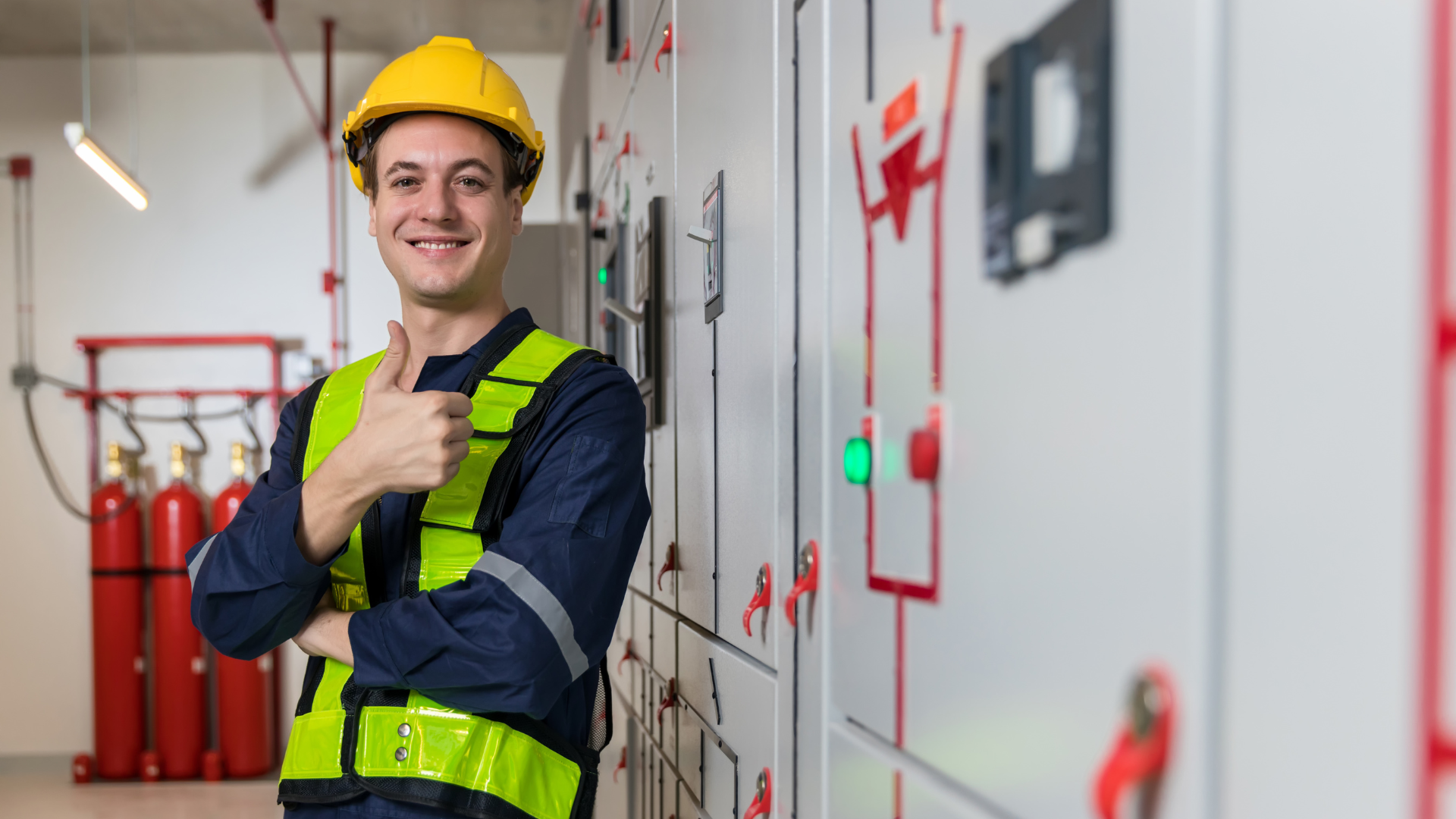 A man in a hard hat and safety vest is giving a thumbs up.