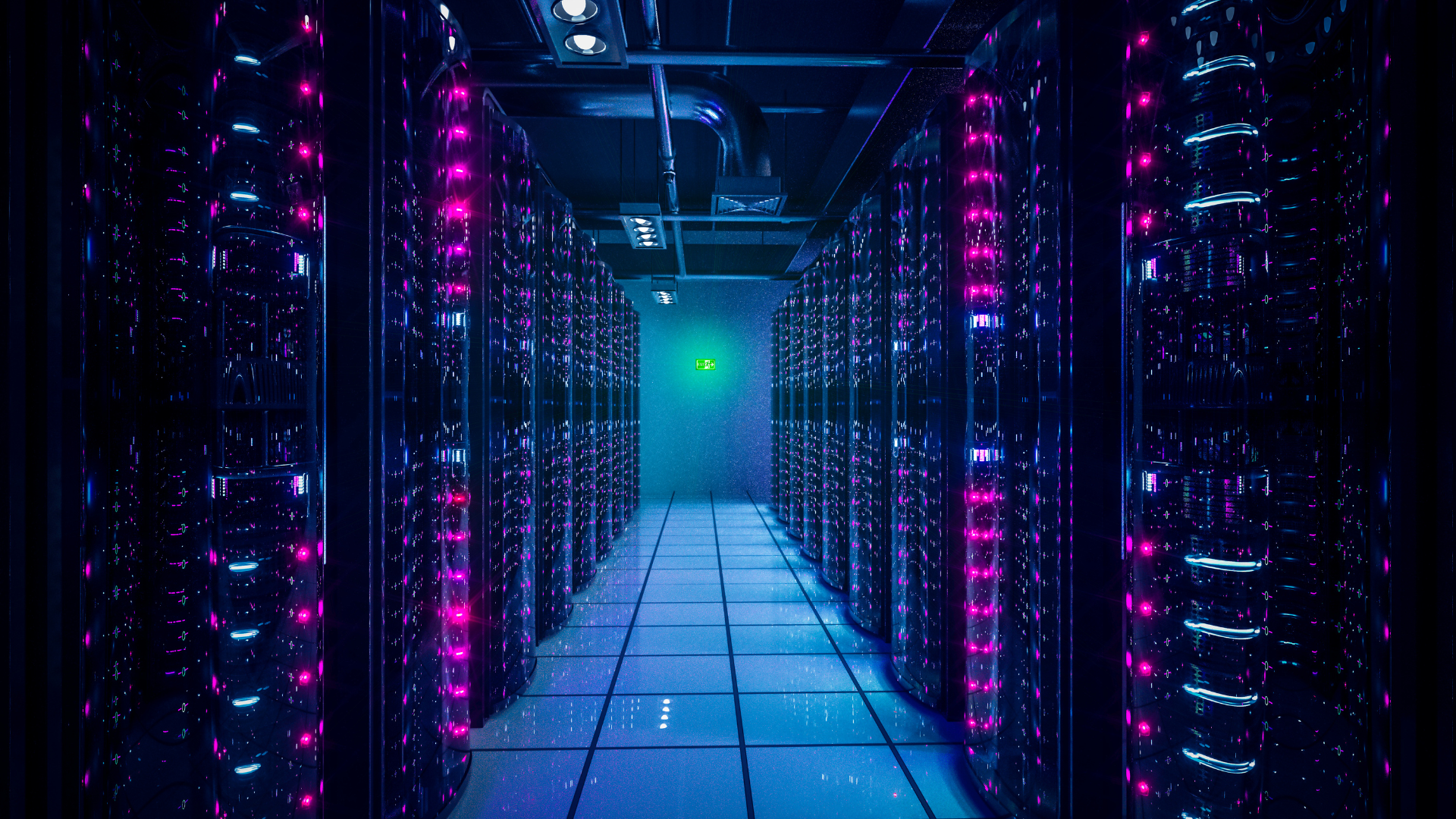 A hallway filled with rows of servers in a data center.