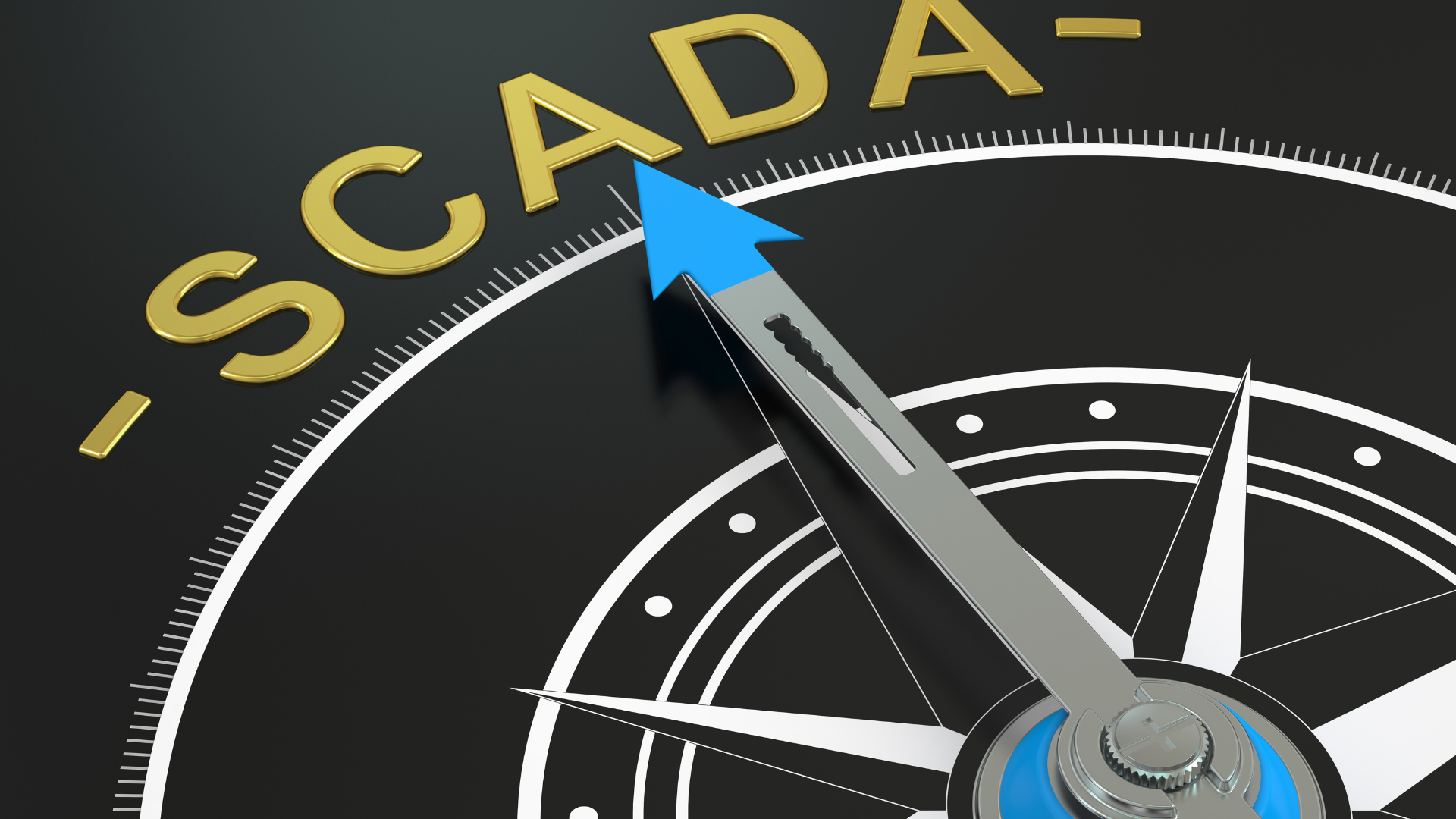 A compass with a blue arrow pointing to the word scada