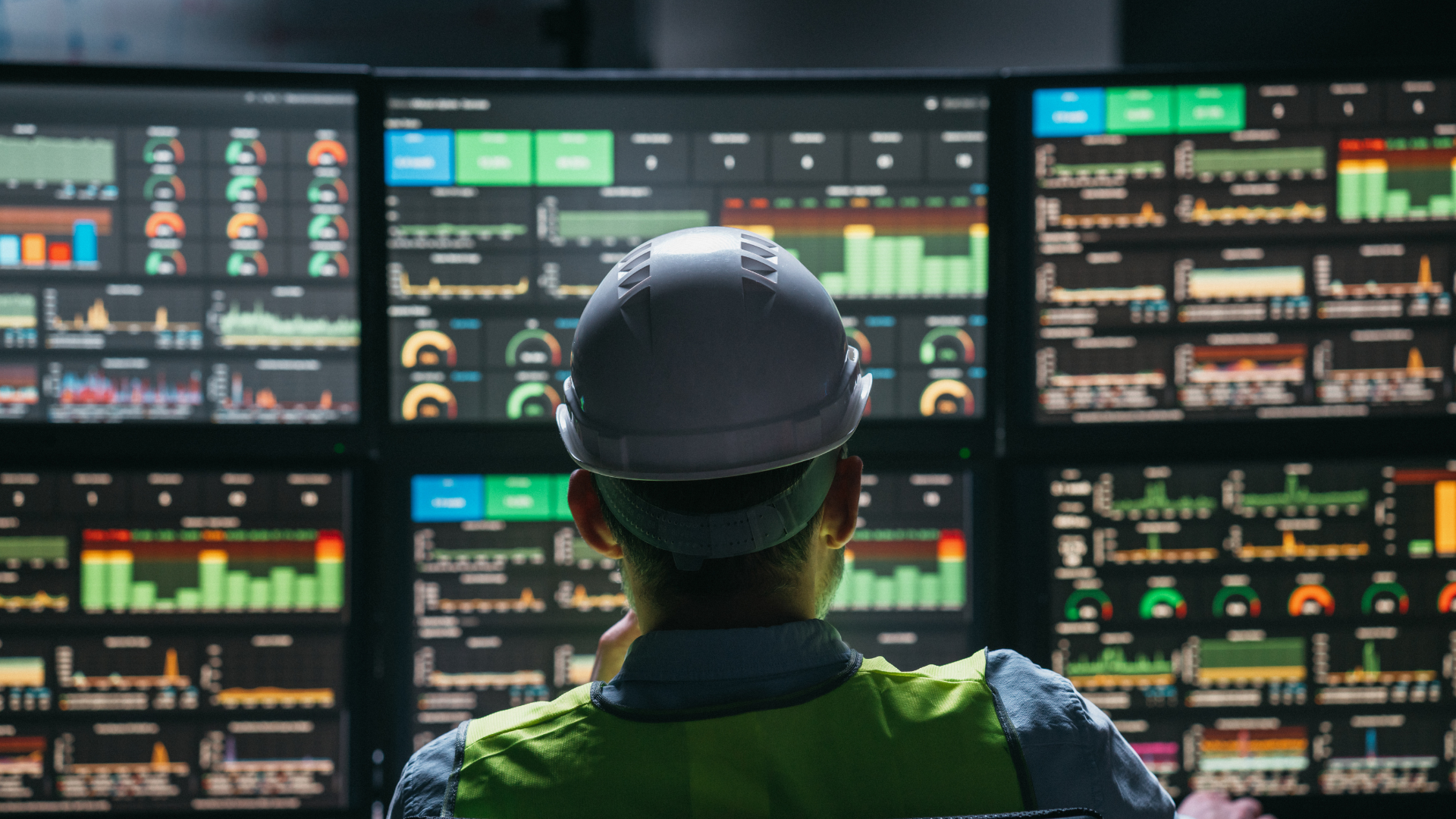 A man in a hard hat is looking at a computer screen.