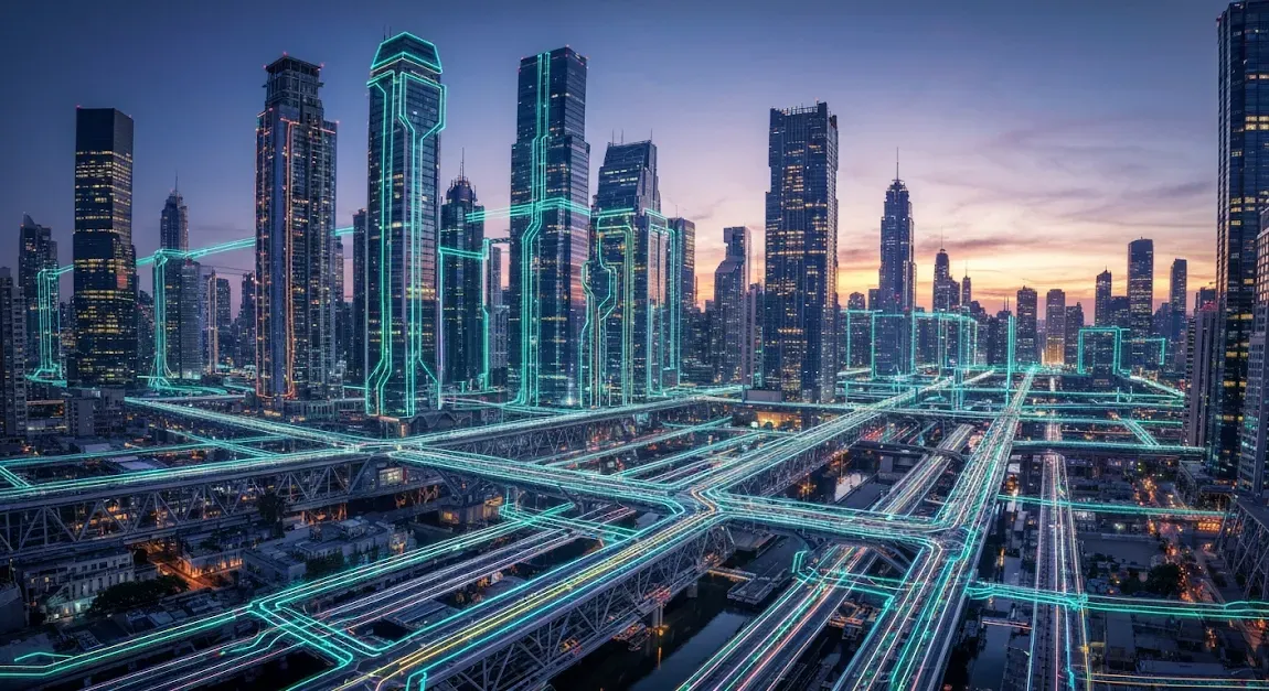 Futuristic cityscape with glowing blue lines connecting buildings and roads at dusk.