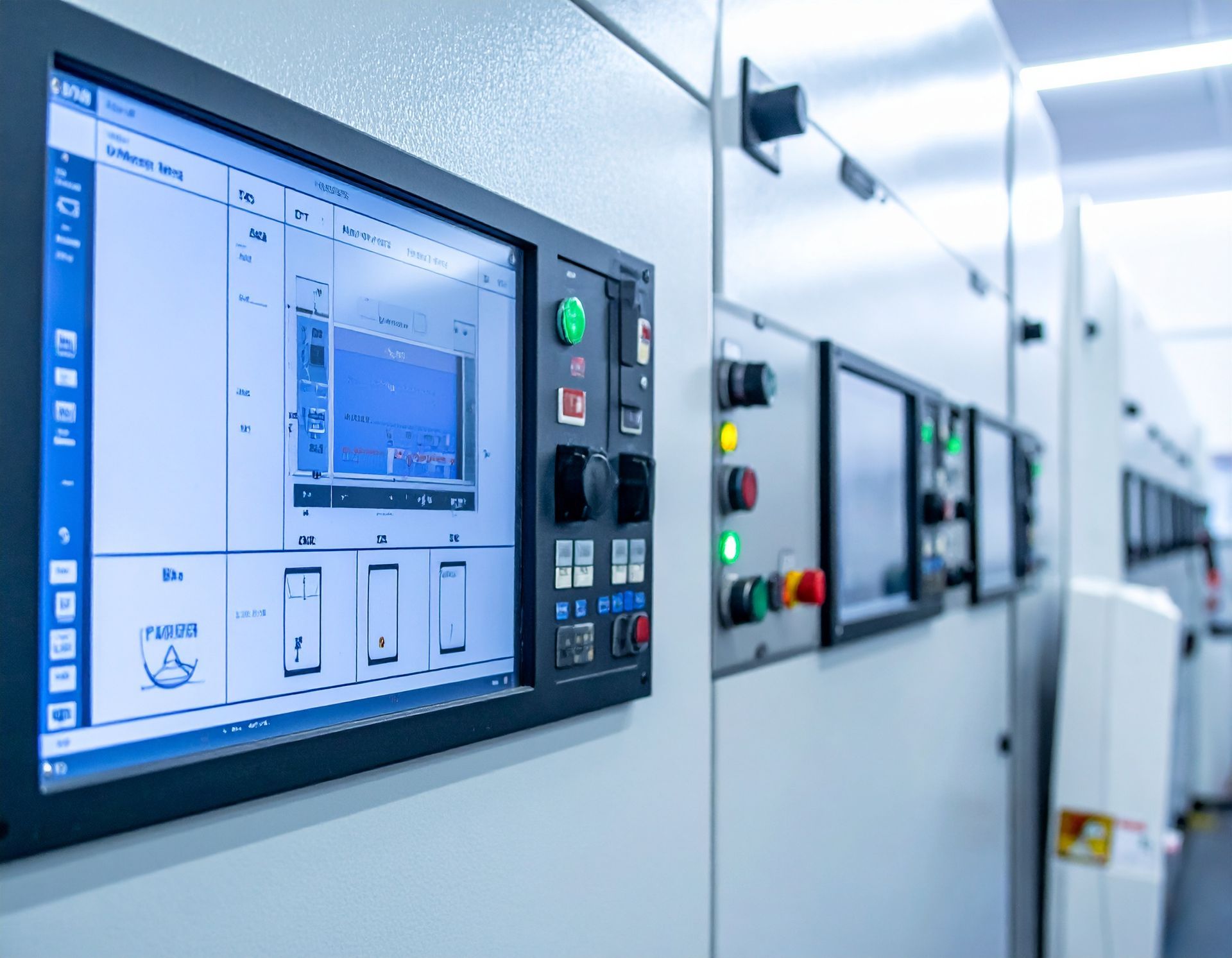 Control panel with touch screen interface and buttons on industrial machinery.