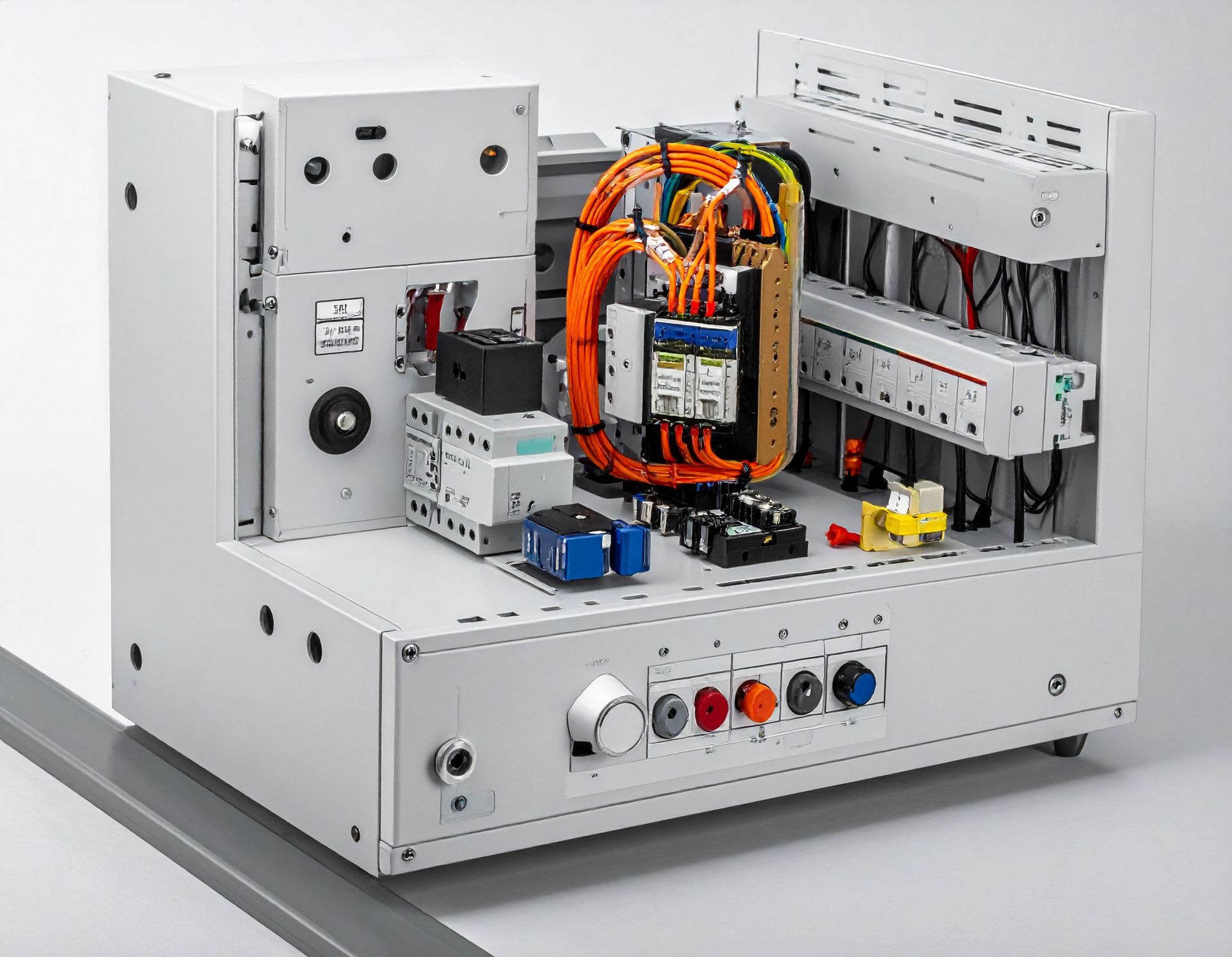 Electrical control panel with wires, switches, and components.