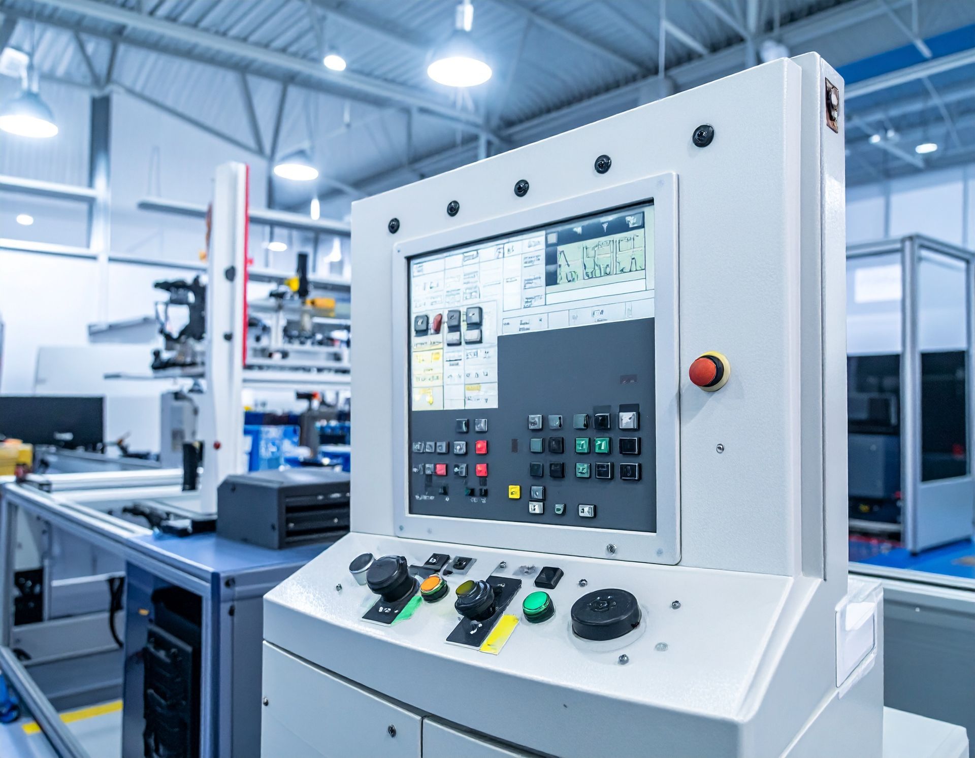 Control panel with screen displaying data in a factory setting.