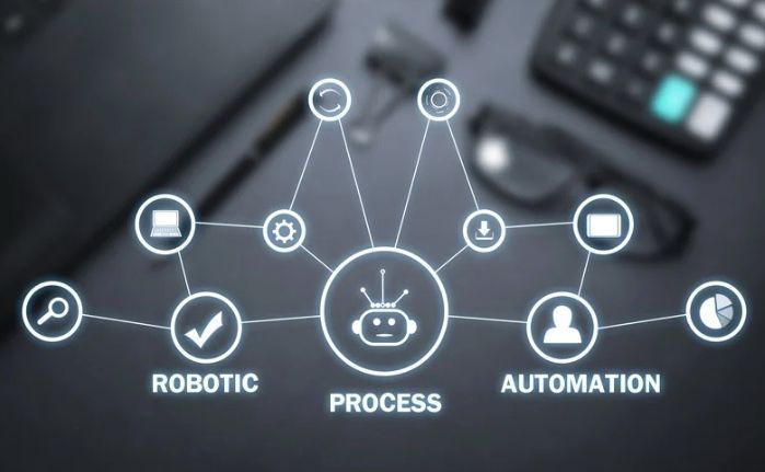 Robotic process automation illustration with icons and robot in center on a desk with tech.