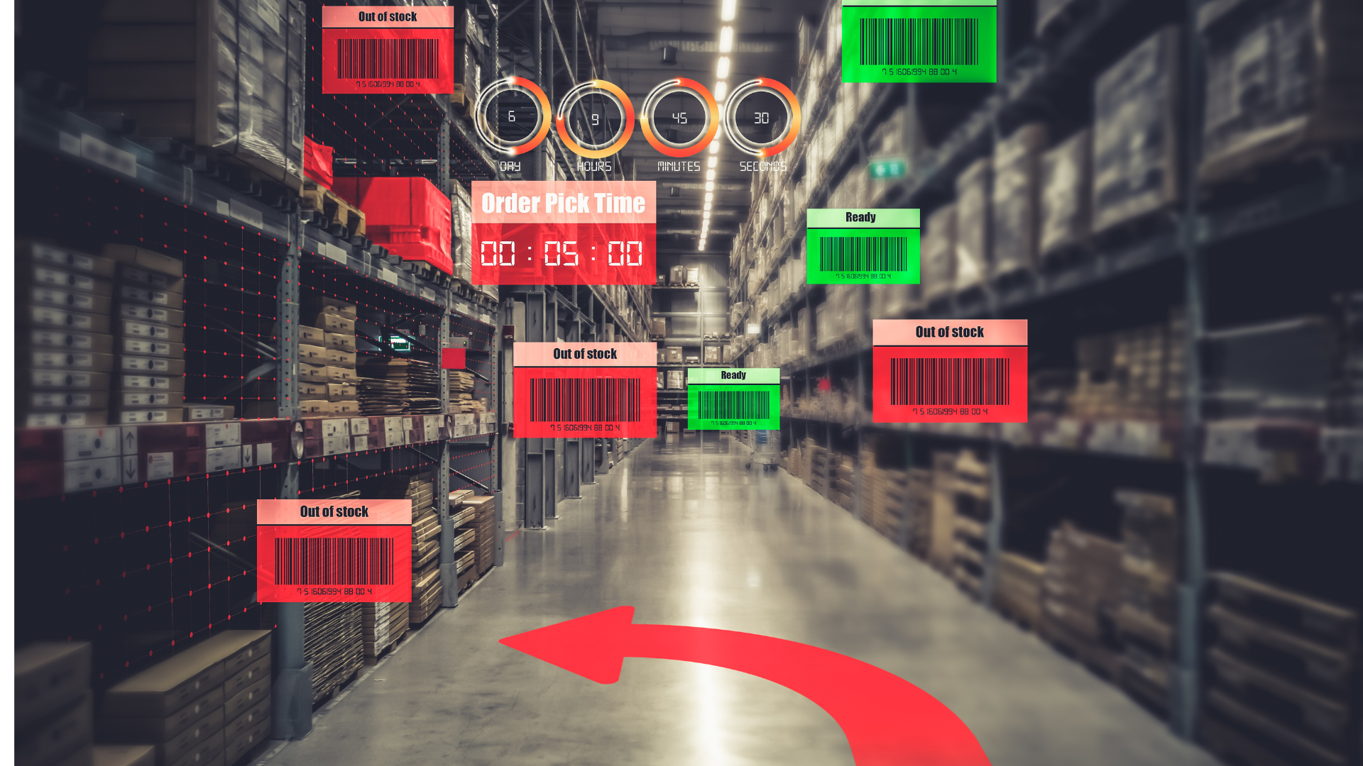 A warehouse with barcodes on the shelves and a red arrow pointing to the right.