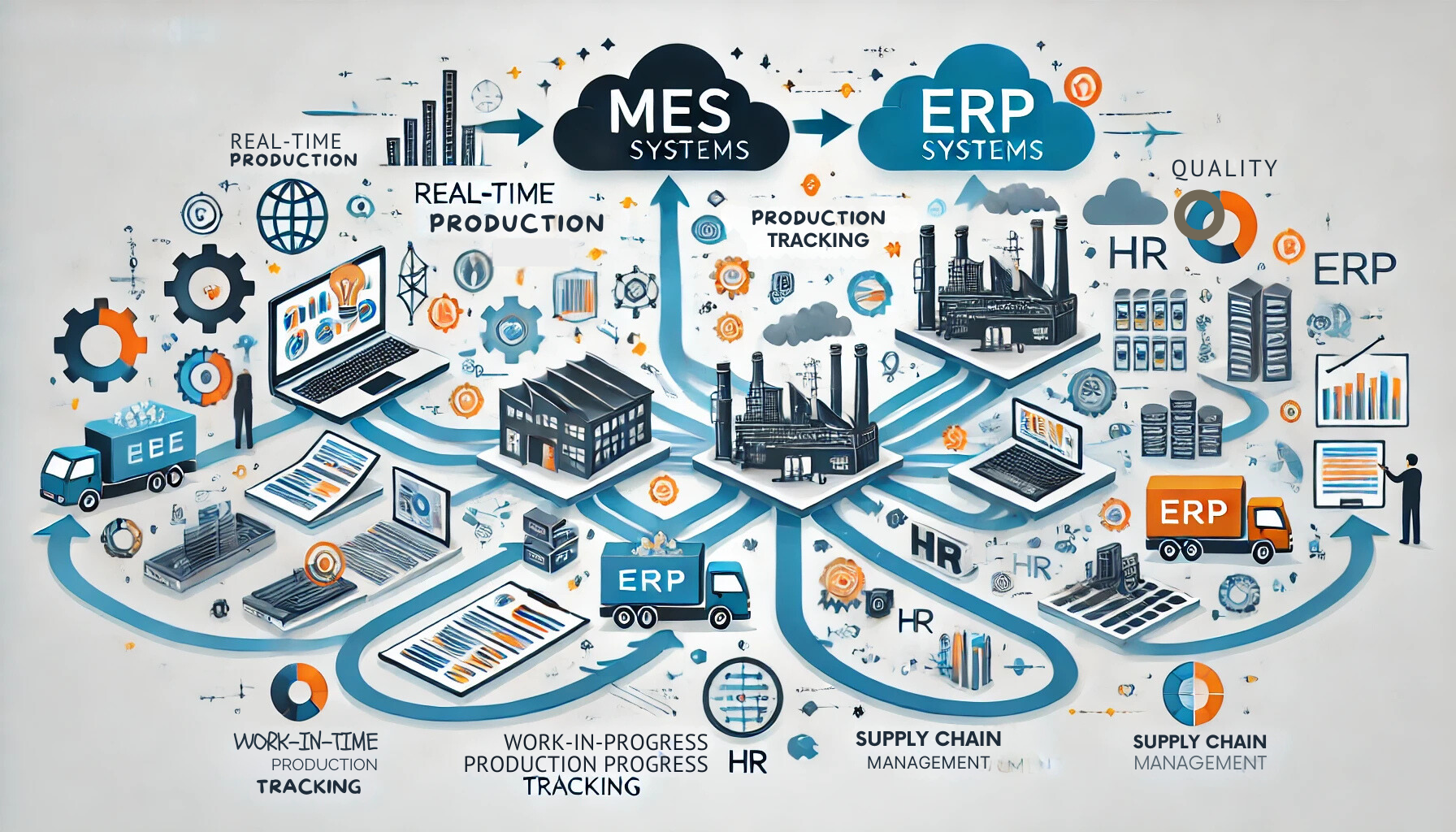 A diagram of a factory with a lot of icons on it.