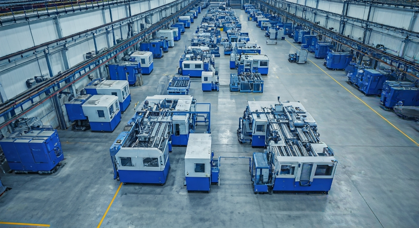A large warehouse filled with lots of blue and white machinery.