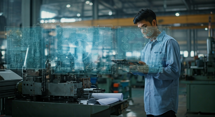 A man wearing a mask is using a tablet in a factory.