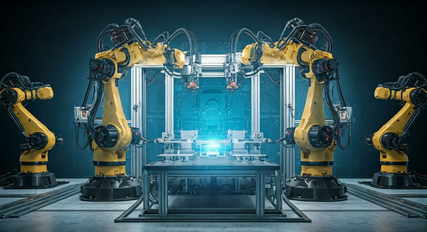 A group of robotic arms are working on a table in a factory.