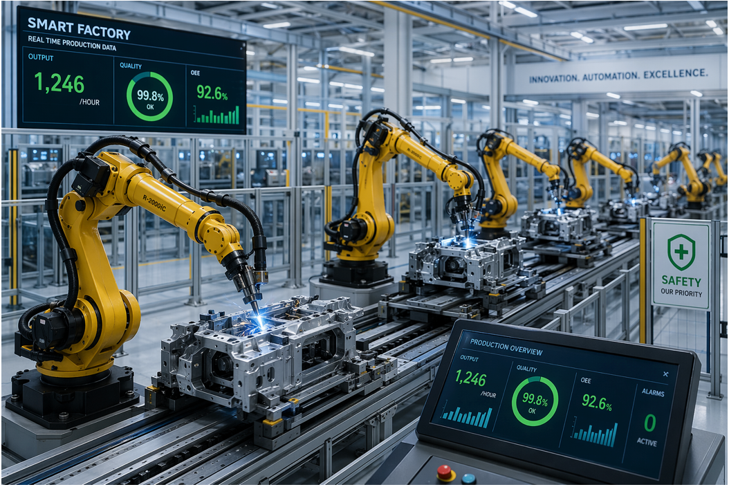 Robotic arms assembling car parts on a factory line with digital production displays