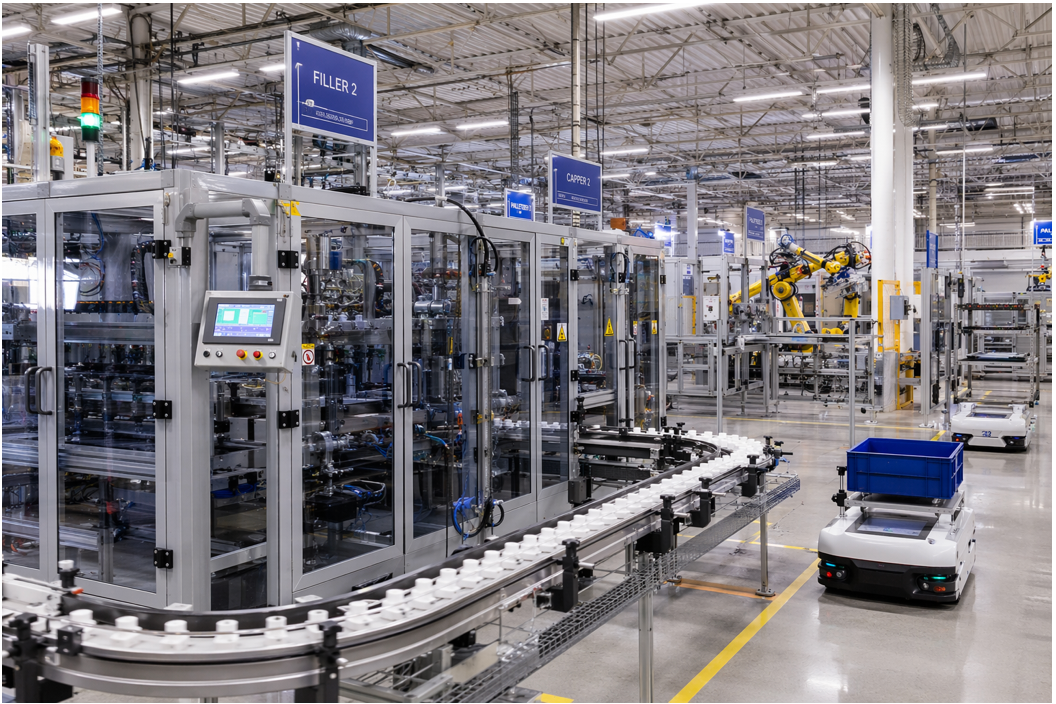 Automated car factory assembly line with robotic machinery and a small vehicle moving on the floor