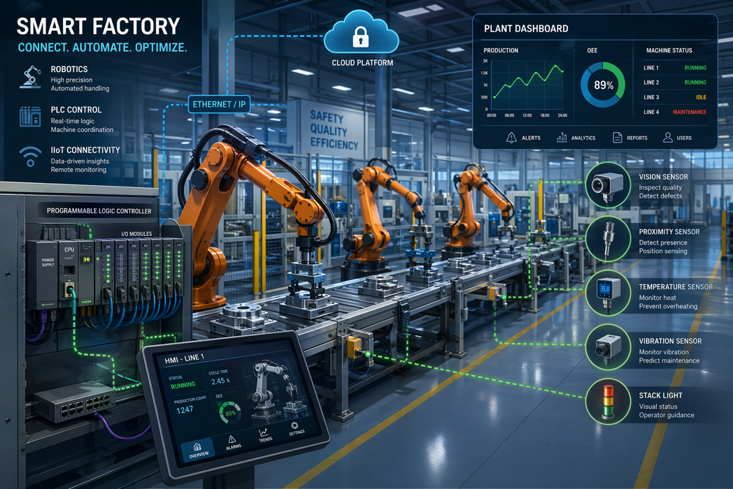 Smart factory dashboard showing robotic arms assembling parts on a production line