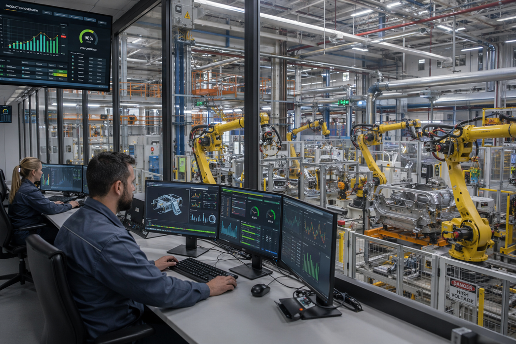 Factory control room with workers monitoring robotic assembly lines on multiple screens