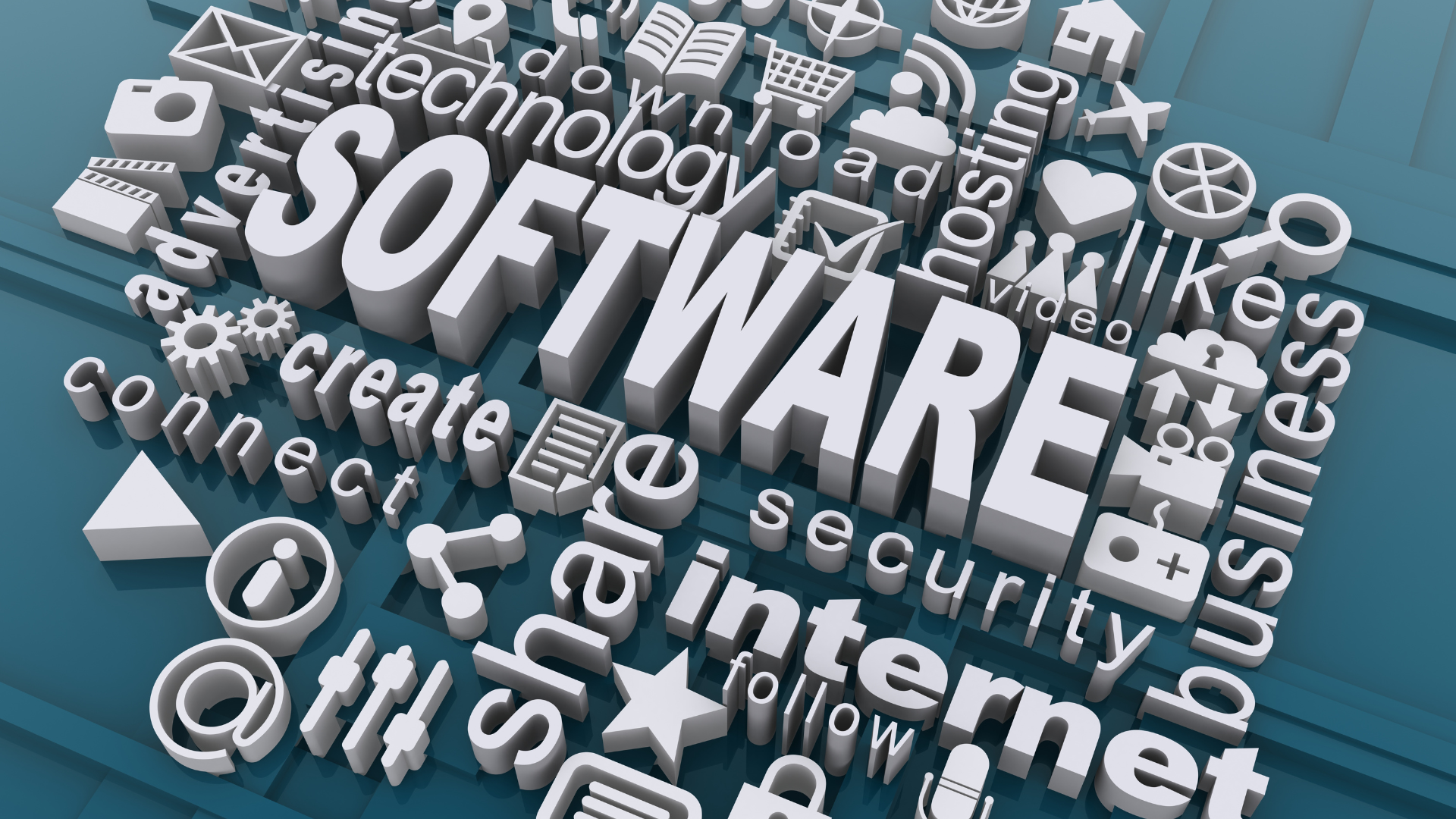 The word software is surrounded by other words and icons