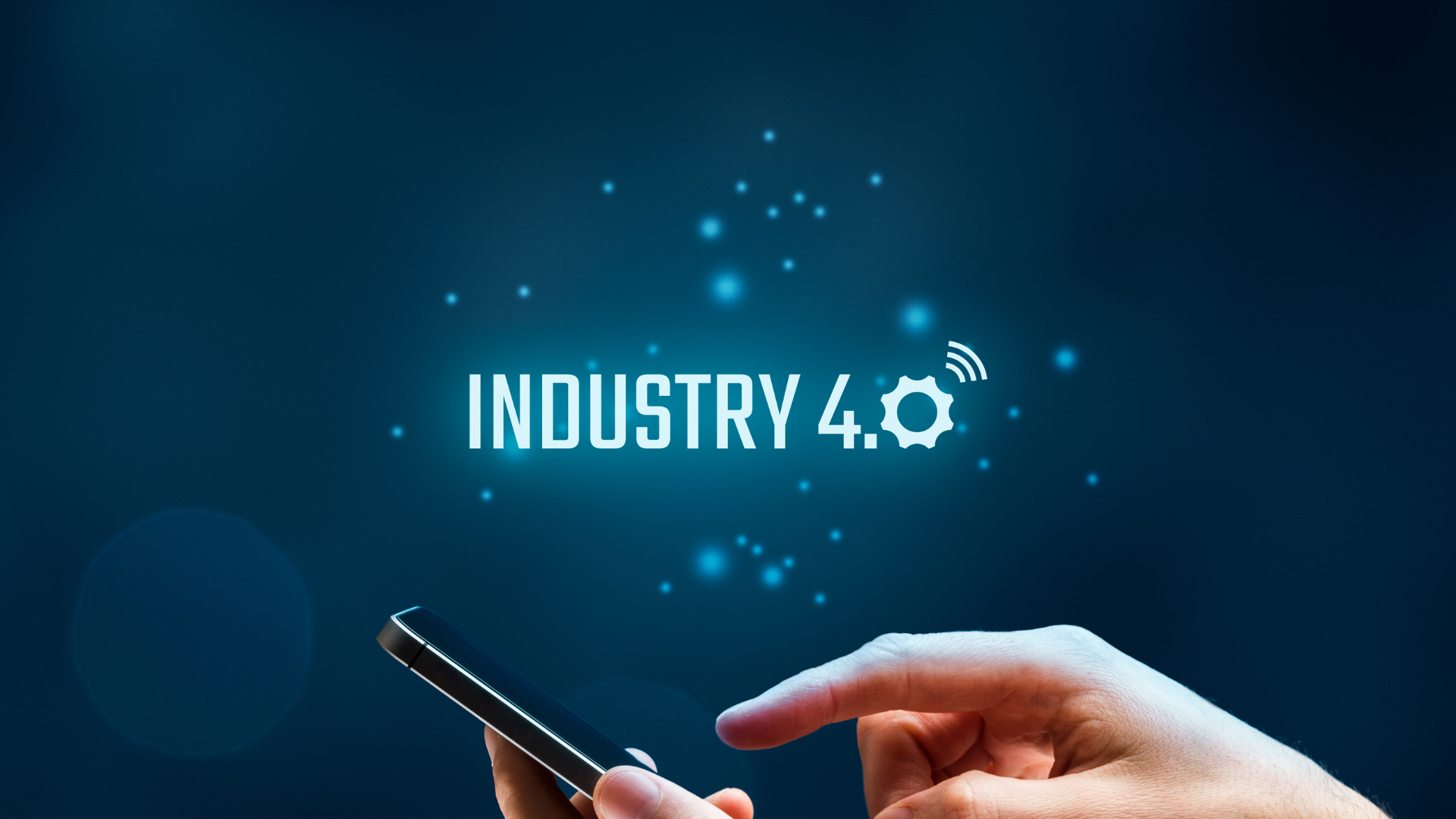 A person is holding a cell phone with the words industry 4.0 coming out of it.