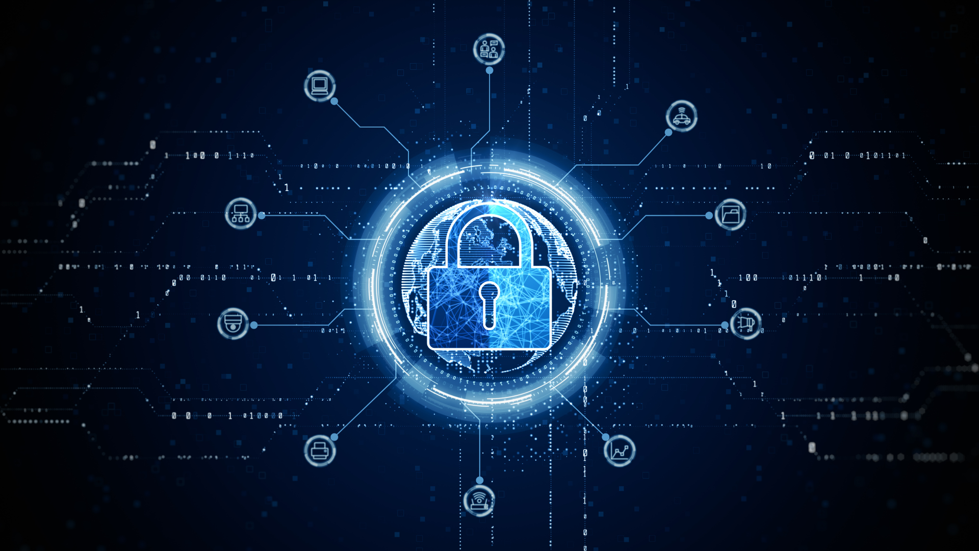 A digital padlock is surrounded by icons on a blue background.