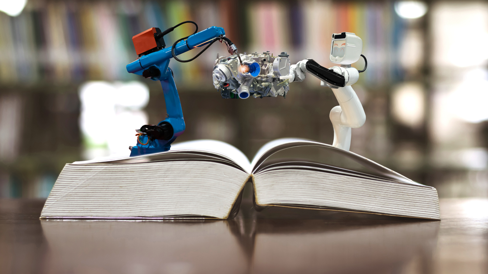 Two robots are standing on top of an open book.