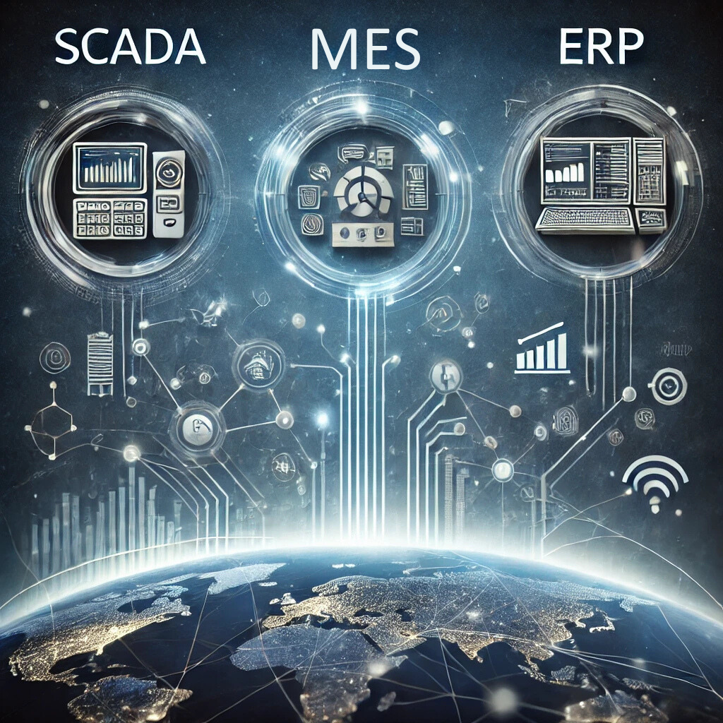 An illustration of a globe with the words scada mes and erp on it