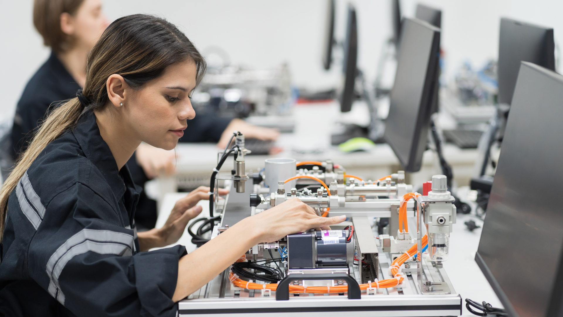 A woman is working on a machine in a lab.