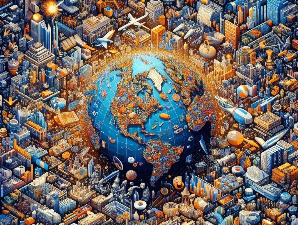 An isometric illustration of a city with a globe in the middle surrounded by buildings and planes.