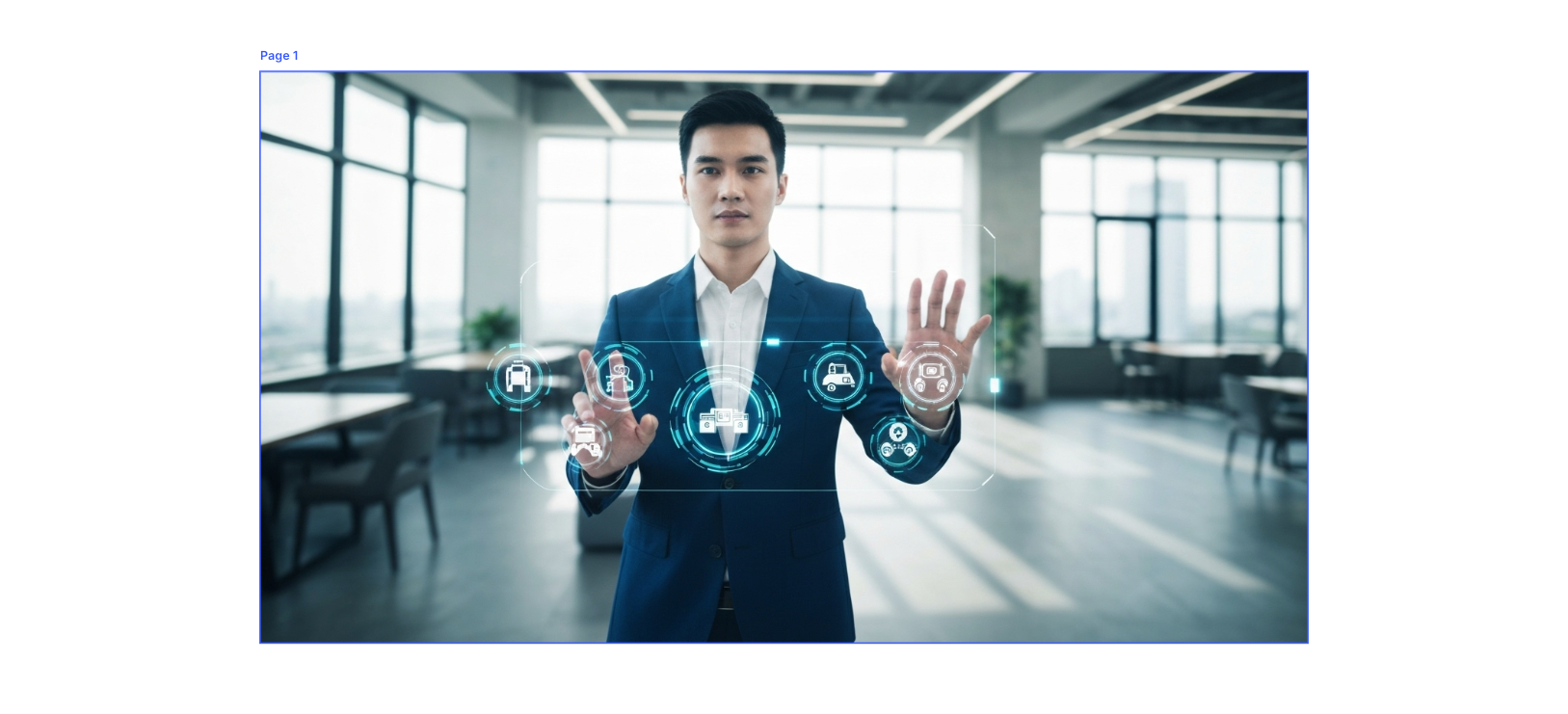 Man in suit gestures at a futuristic interface in a modern office.