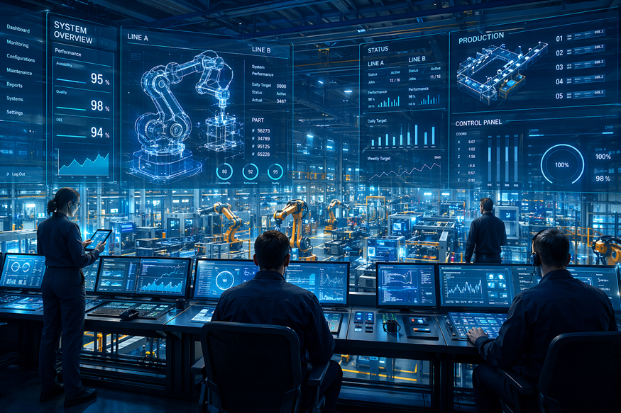 Blue futuristic control room with operators at glowing monitors and large data displays on the walls