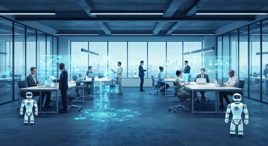 Modern office with people and robots using data holograms, blue tones.