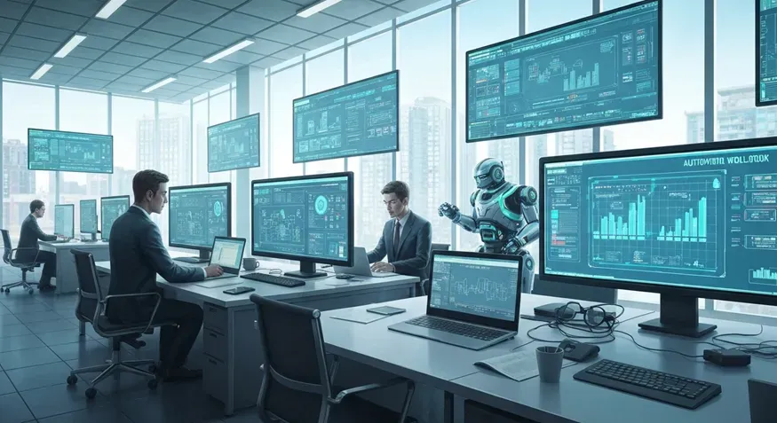 People and a robot working in a modern office with multiple screens displaying data. Blue and white color scheme.