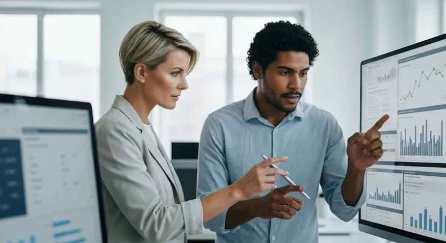 Woman and man pointing at computer graphs in an office.