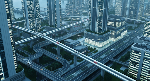 Cityscape with elevated highways winding through tall buildings, illuminated at night.