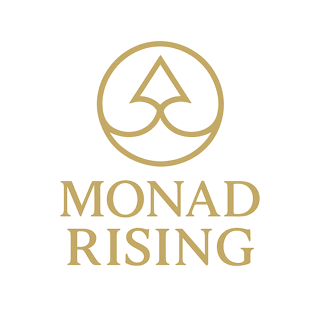 The monad rising logo is a gold circle with a triangle in the middle.