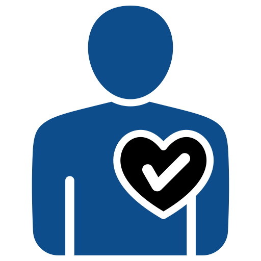 A blue icon of a person with a heart and a check mark on it.