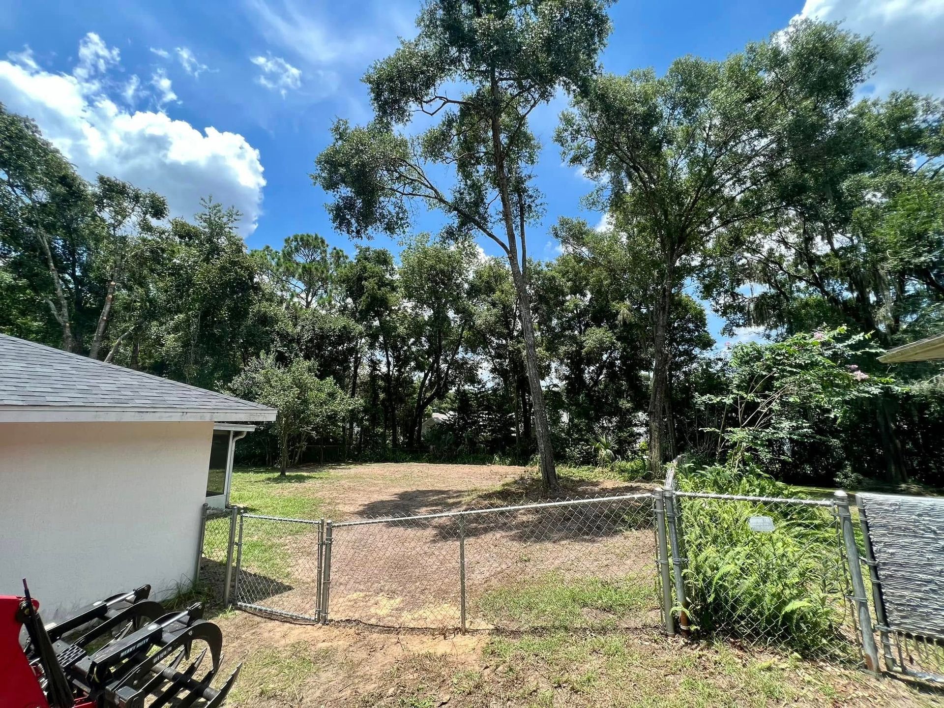 Backyard with cleared area, surrounded by trees and a chain-link fence, under a partly cloudy blue sky.